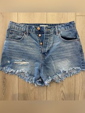 Women's Frayed Hem Blue Denim Jean Shorts
